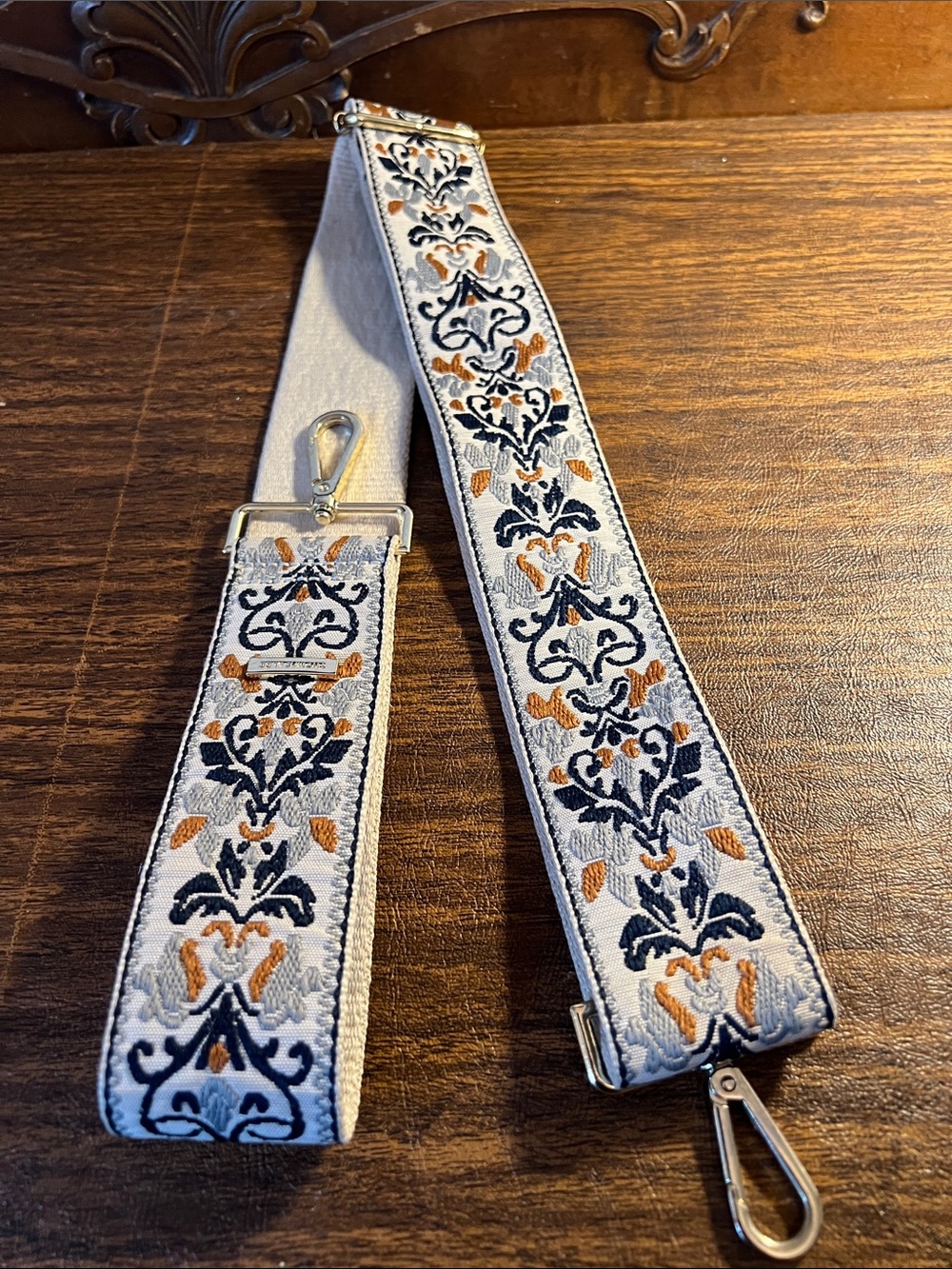Decorative Embroidered Shoulder Strap in Navy, Tan and Cream